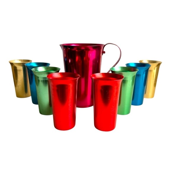 Mid Century Modern Aluminum Pitcher & Cups Set Festive Barware Flamingo By Nasco - Picture 1 of 10